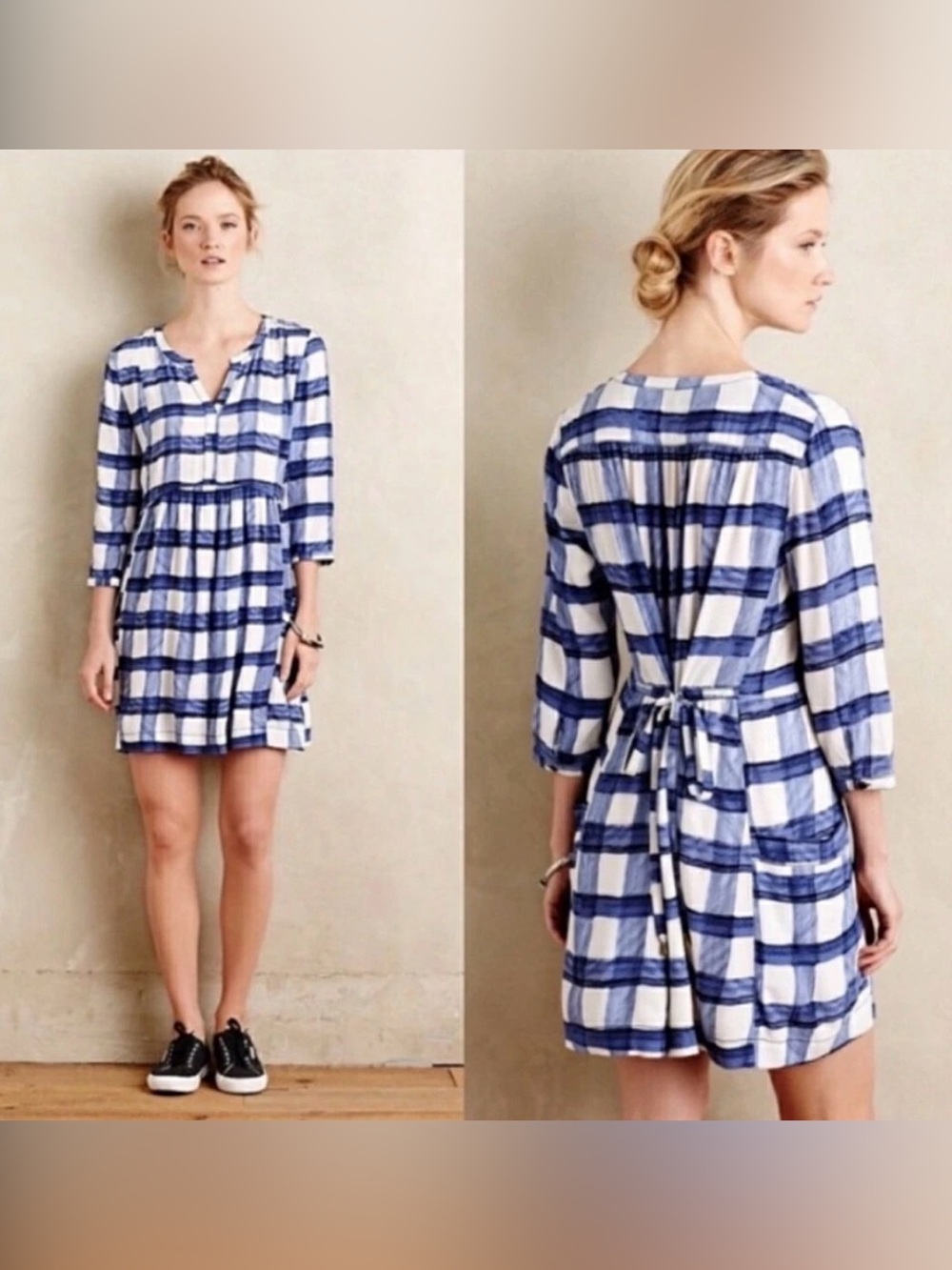 Anthropologie Maeve Devery Plaid Dress Blue Plaid Check Dress